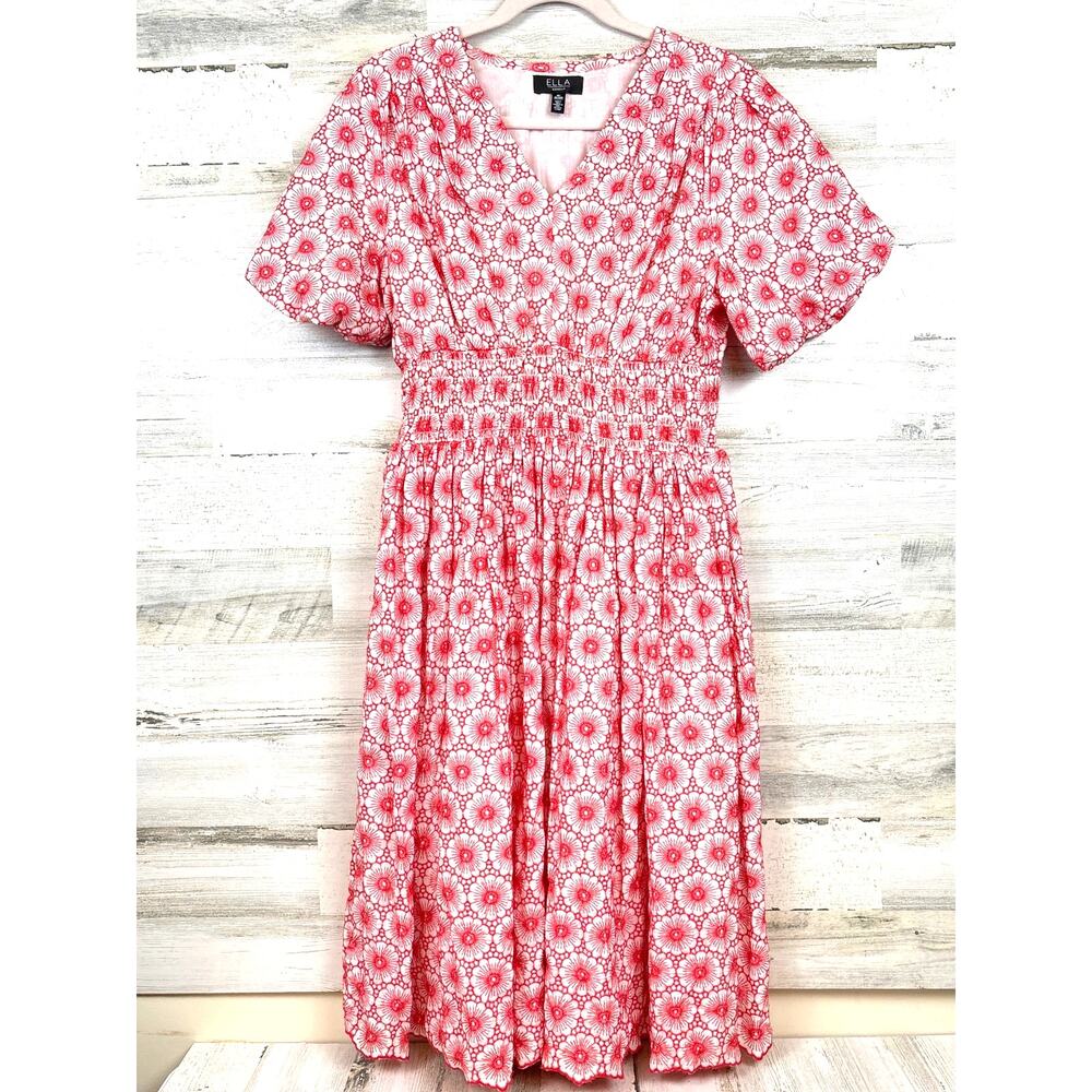 Ella Womens S Petite White Red Daisy Embroidered Smocked Puff Sleeve Mini Dres